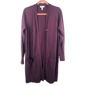 Denim & Co Women's Long Duster Knit Cardigan Button Front Purple Size M Pockets